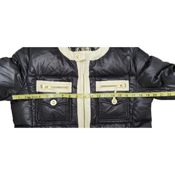 Y2k Twisted Heart Black White Trim Puffer Jacket Gold Button Zip Pockets - Picture 9 of 11